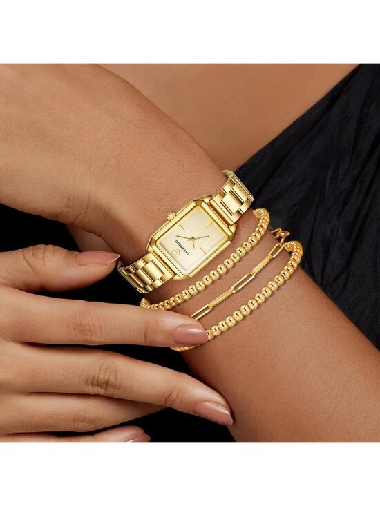 Women\'s All Gold Analog Stainless Steel Waterproof Luxury 4 Pecs Bracelet Watch
